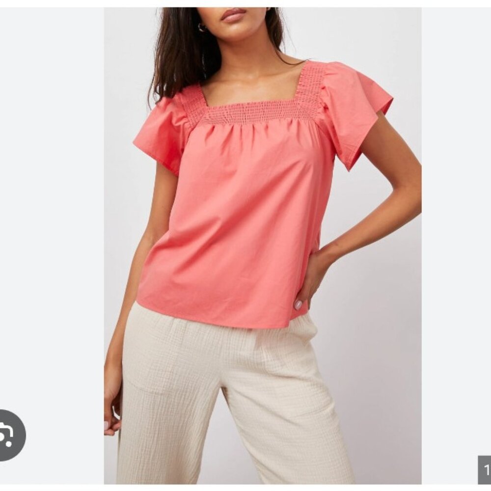 Rails Sonora Blouse Womens Small Spiced Coral Flutter Sleeve Smocked Sq Neck